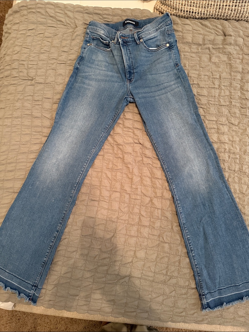 Express Light Blue Bootcut Jeans with Frayed Hem